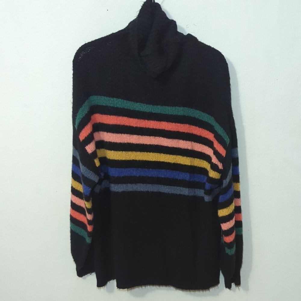 Davi & Dani Cowl Neck Sweater Black Rainbow Stripe Stretchy Women's Size L